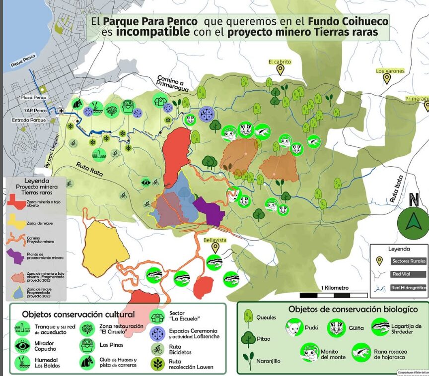 A map showing the richness of the Penco River basin and the threat posed by the nearby mining company